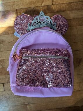 Disney Pink Sequin Ear Backpack with Glitter Tiara